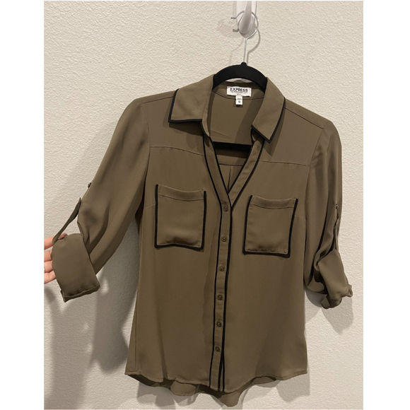 EXPRESS The Portofino Shirt Slim Fit Khaki Black Blouse - Picture 4 of 5